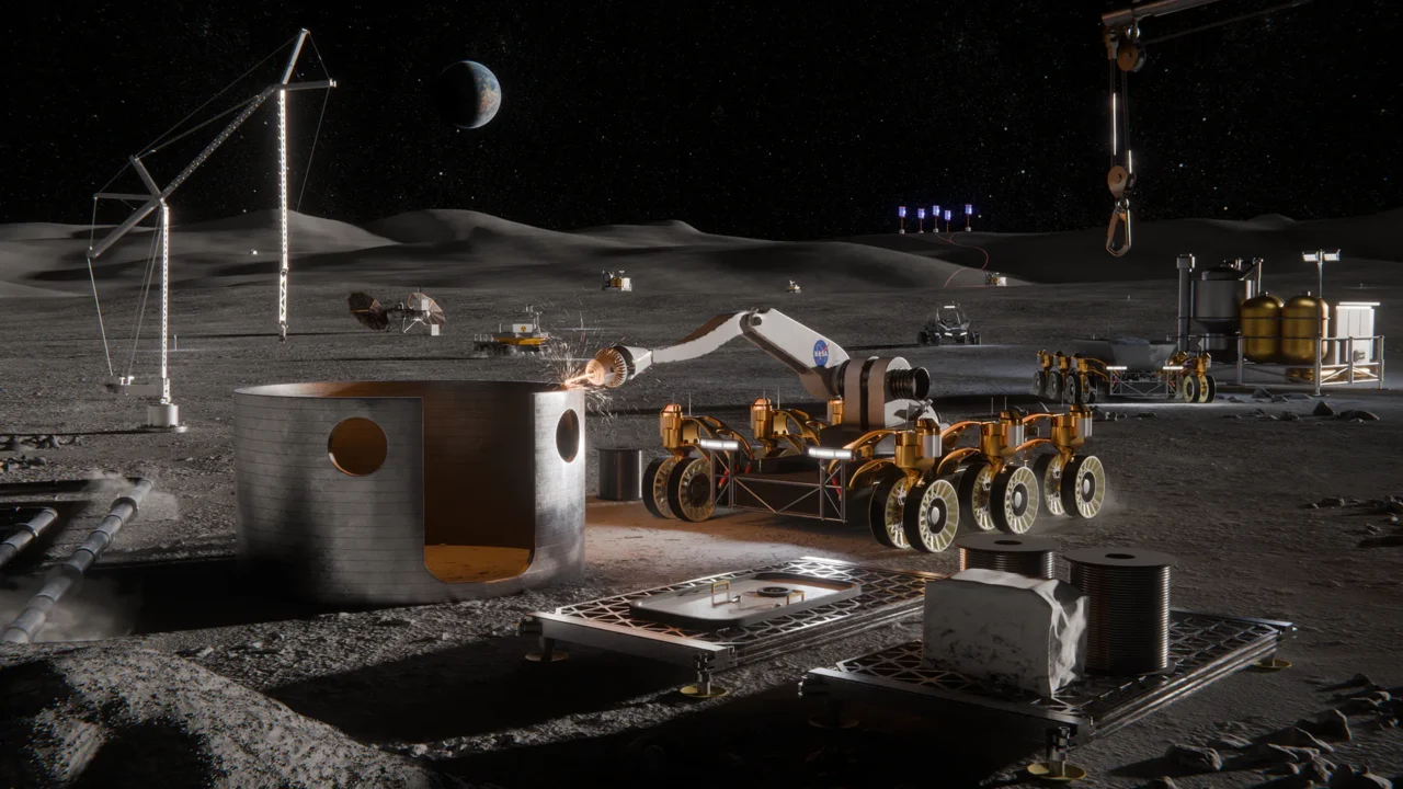 Conceito artístico de tecnologias e capacidades de infraestrutura de superfície lunar, incluindo sistemas de produção de oxigênio por utilização de recursos in situ, sistemas de energia de superfície, ferramentas de fabricação no espaço e produção avançada de nanomateriais.