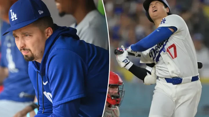 Dois momentos do Los Angeles Dodgers: pitcher na banca de reservas observando o jogo e jogador reagindo após foul durante partida contra Cincinnati Reds