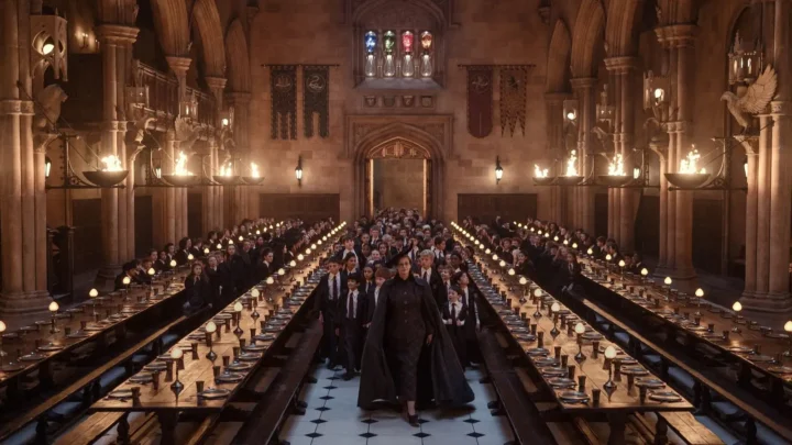 Grande salão de castelo com arquitetura gótica, pessoas vestidas de uniforme escolar sentadas à mesa com velas acesas, iluminado por tochas nas paredes