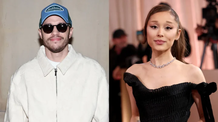 Dois personagens públicos em momentos distintos: à esquerda, homem de boné azul, óculos escuros e jaqueta branca; à direita, mulher em vestido preto tomara que caia com colar de diamantes em evento formal