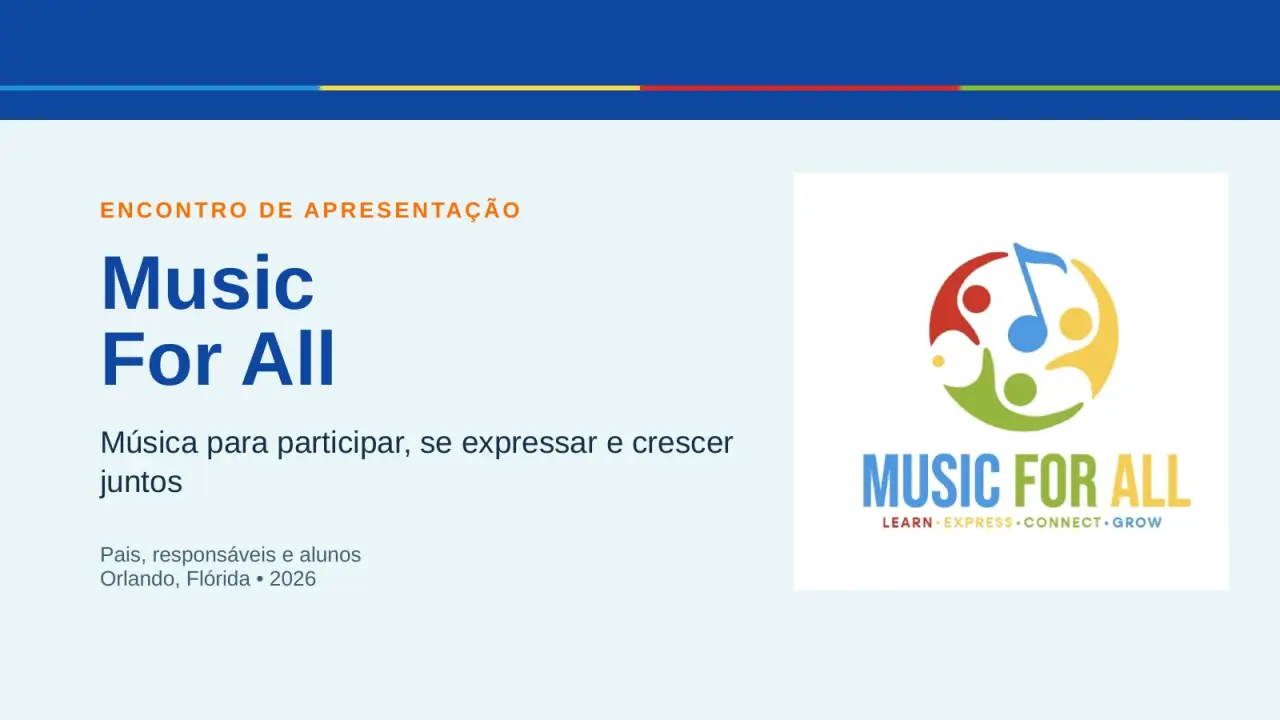 Cartaz de apresentação do projeto Music For All, que reúne famílias em Orlando em 26 de setembro de 2026