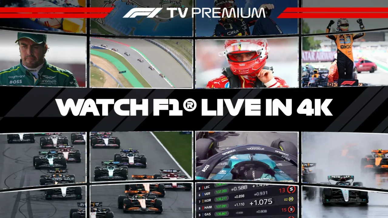 Serviço de streaming F1 TV Premium exibe montagem com pilotos, circuitos de corrida e momentos de prova da Fórmula 1 em diferentes ângulos e cenas