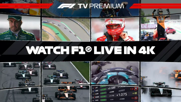 Serviço de streaming F1 TV Premium exibe montagem com pilotos, circuitos de corrida e momentos de prova da Fórmula 1 em diferentes ângulos e cenas
