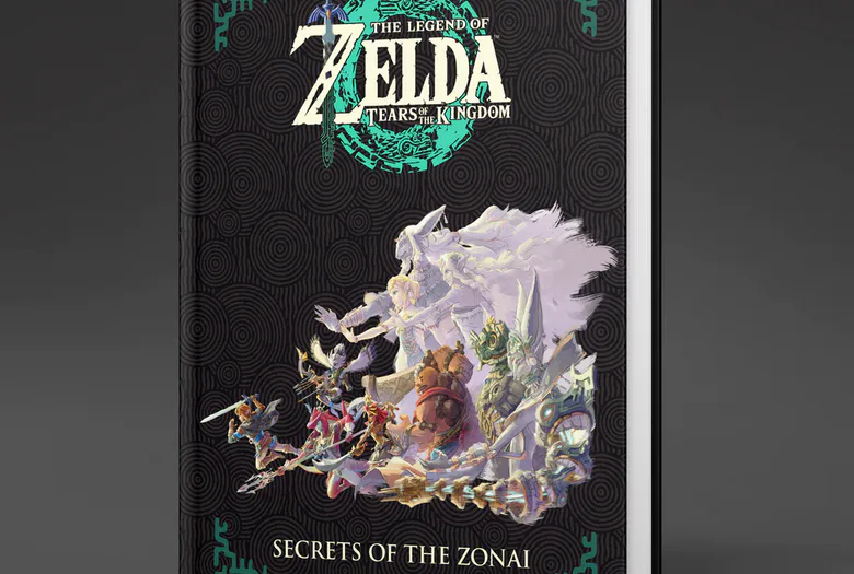 Capa do livro de arte "Secrets of the Zonai" de The Legend of Zelda: Tears of the Kingdom, com ilustrações de personagens e criaturas do jogo contra fundo cinza com padrão circular