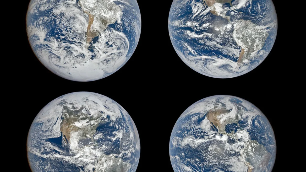 Imagens da câmera EPIC (Earth Polychromatic Imaging Camera) da NASA, a bordo da missão DSCOVR (Deep Space Climate Observatory) da NOAA, mostram a Terra nos solstícios de dezembro e junho e nos equinócios de março e setembro, ilustrando como a inclinação do eixo da Terra desloca as posições