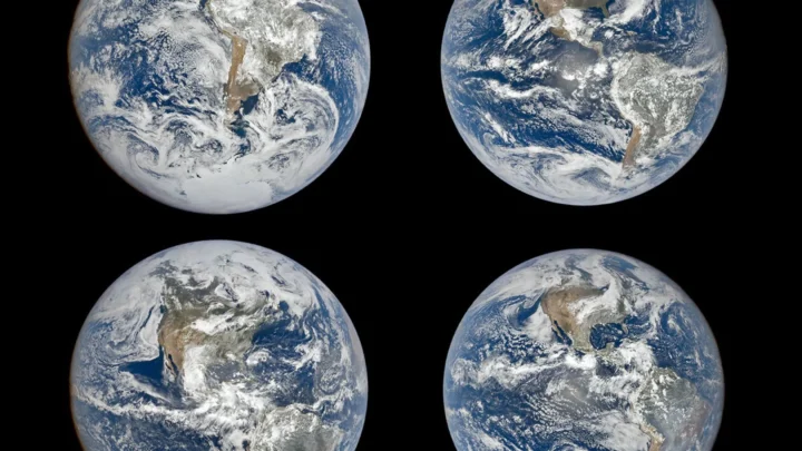 Imagens da câmera EPIC (Earth Polychromatic Imaging Camera) da NASA, a bordo da missão DSCOVR (Deep Space Climate Observatory) da NOAA, mostram a Terra nos solstícios de dezembro e junho e nos equinócios de março e setembro, ilustrando como a inclinação do eixo da Terra desloca as posições