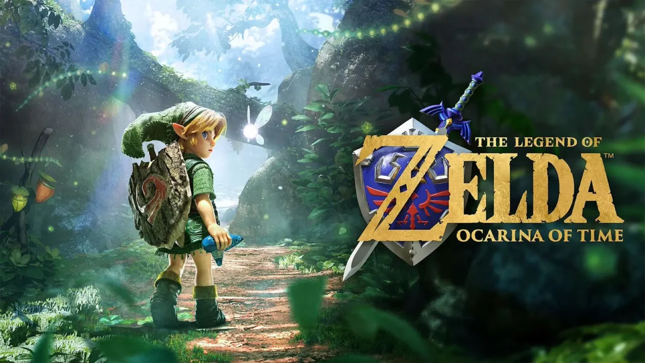 Personagem jovem com roupas verdes e mochila caminha por floresta luxuriante com montanhas ao fundo e logotipo do jogo de aventura ao lado