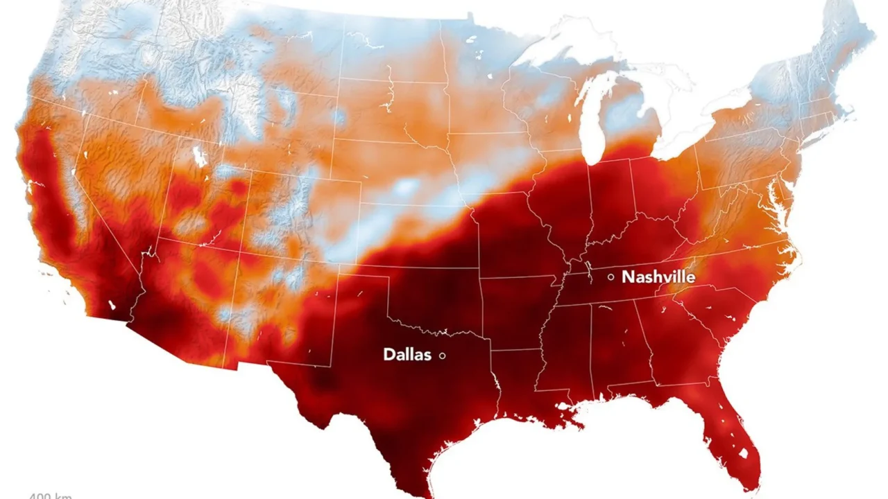 Uma área de alta pressão sobre o centro-sul dos EUA produziu calor fora de época e, em alguns lugares, recorde, em 15 de setembro de 2026, como mostra este mapa de temperaturas do ar modeladas pelo GEOS (Goddard Earth Observing System).