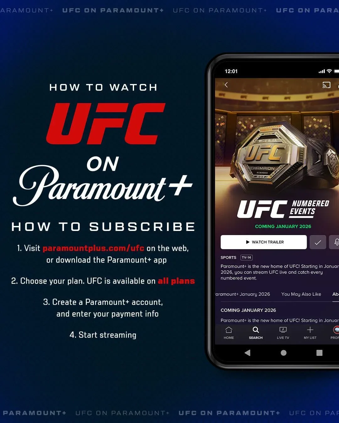 Tela de celular exibe instruções de como assistir UFC no Paramount+, com logo do cinturão de campeão e informação sobre eventos numerados chegando em janeiro de 2026