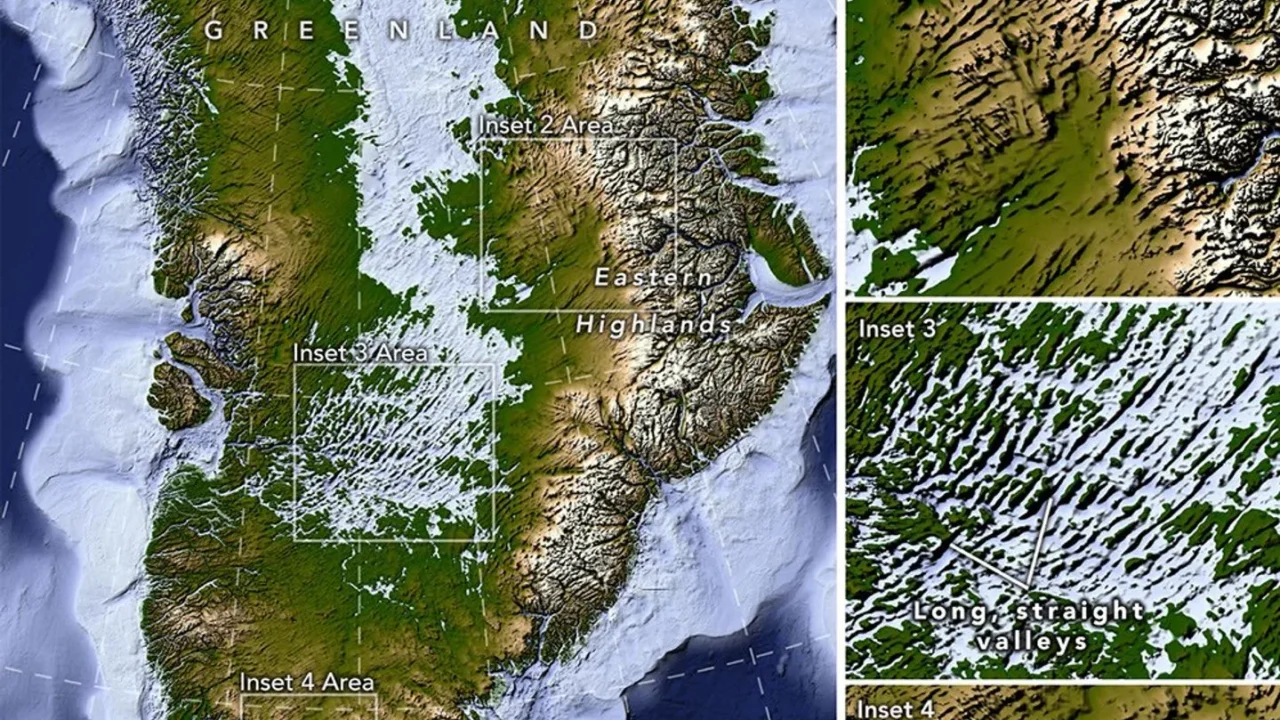 Um método recém-desenvolvido para mapear o leito rochoso sob a camada de gelo da Groenlândia revela a topografia oculta da ilha. Entre os achados mais impressionantes estão vales longos e retos na região centro-oeste, alguns mapeados pela primeira vez e outros que se estendem mais para o interior