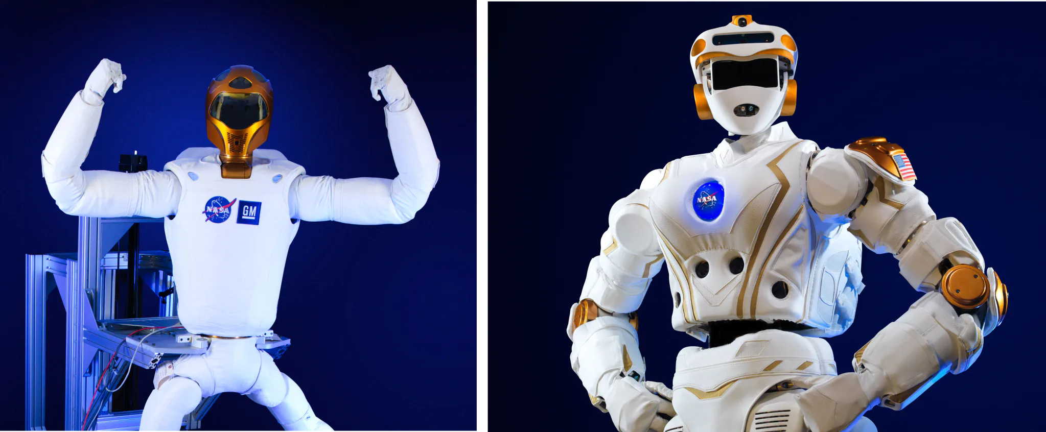 Os robôs humanoides Robonaut 2 (à esquerda) e Valkyrie, da NASA.