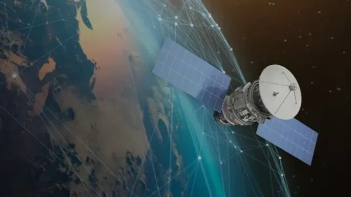 Um satélite genérico orbita acima da Terra. Na superfície, pontos azuis conectados por linhas são visíveis, simbolizando pontos de dados e as conexões entre eles.