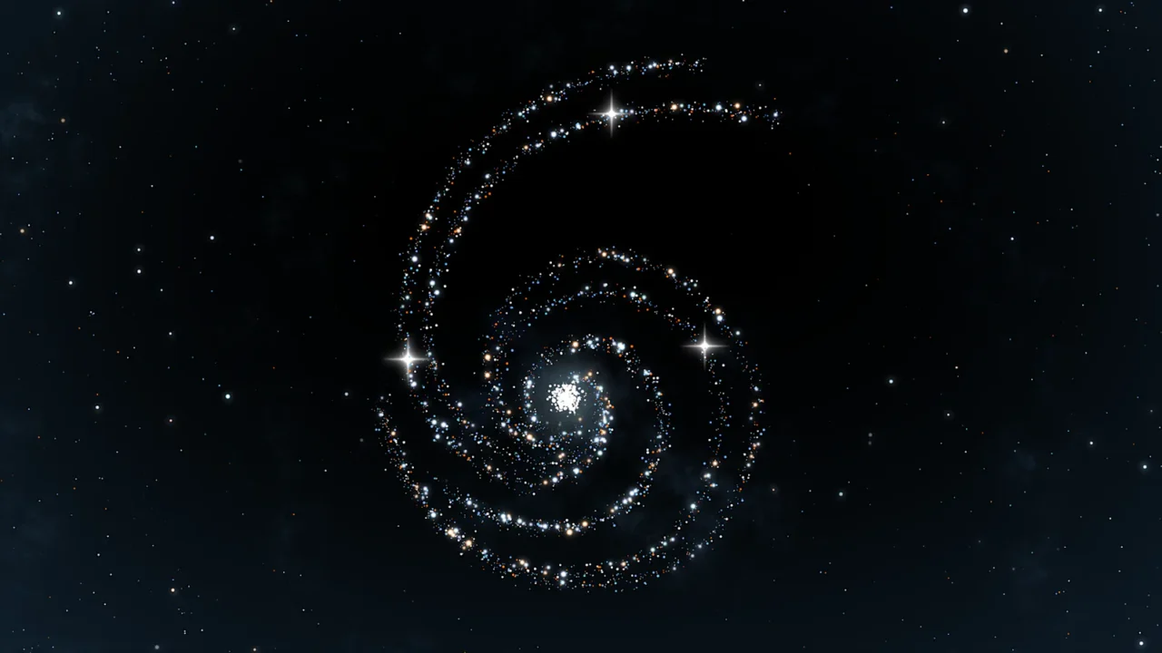 Galáxia espiral com núcleo brilhante e braços formados por aglomerados de estrelas contra fundo preto do espaço