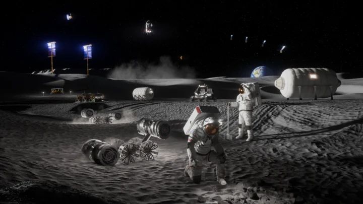 Ilustração de artista mostrando astronautas, habitats, veículos, sistemas de energia e operações de carga que apoiam atividades humanas contínuas na Base Lunar próxima ao Polo Sul lunar.