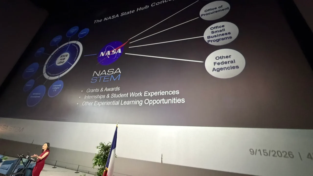 Elaine Ho, administradora associada do Escritório de Engajamento em STEM da NASA em Washington, se dirige aos líderes de projeto do State Hubs da NASA e a parceiros da agência, estaduais e federais no Space Center Houston em 15 de setembro de 2026