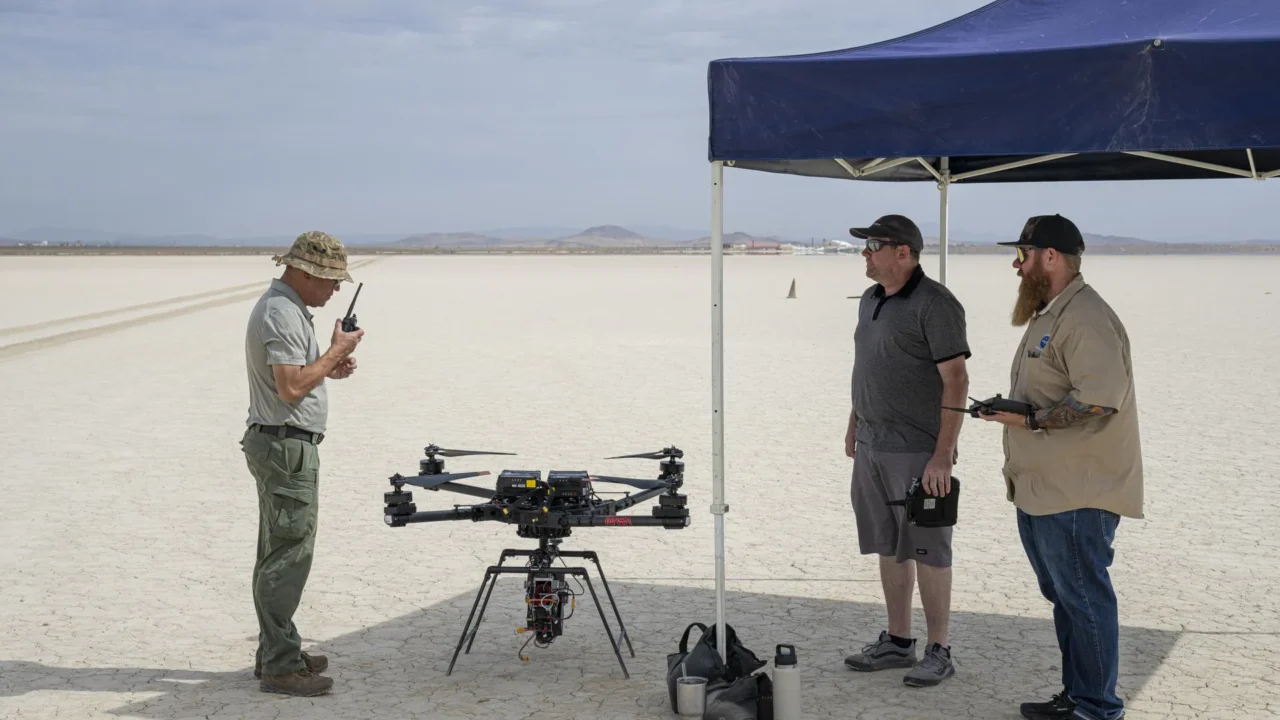 Derek Abramson, engenheiro-chefe do Laboratório de Pesquisa de Voo em Escala Reduzida Dale Reed, à esquerda, se comunica com a torre de controle de tráfego aéreo da Base da Força Aérea de Edwards para obter aprovação para voar o drone Alta-X perto do Centro de Pesquisa de Voo Armstrong da NASA, em
