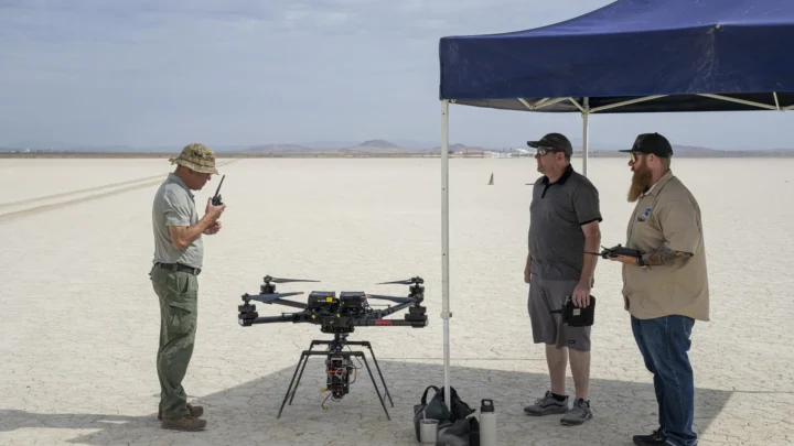Derek Abramson, engenheiro-chefe do Laboratório de Pesquisa de Voo em Escala Reduzida Dale Reed, à esquerda, se comunica com a torre de controle de tráfego aéreo da Base da Força Aérea de Edwards para obter aprovação para voar o drone Alta-X perto do Centro de Pesquisa de Voo Armstrong da NASA, em