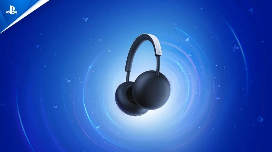 Headset para PlayStation 5 com fones de ouvido de cor preta e branca flutuando em fundo azul com efeitos visuais