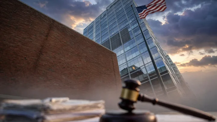Fachada de tribunal federal em Boston, onde o juiz George O'Toole bloqueou as multas milionárias do DHS contra imigrantes. Imagem ilustrativa gerada por IA.