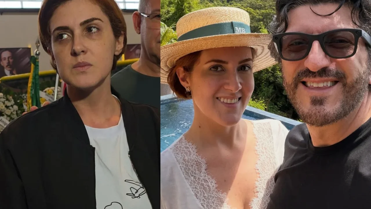 Mulher em evento interno à esquerda e casal à beira de piscina com paisagem verde ao fundo à direita, em duas cenas distintas