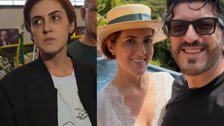Mulher em evento interno à esquerda e casal à beira de piscina com paisagem verde ao fundo à direita, em duas cenas distintas