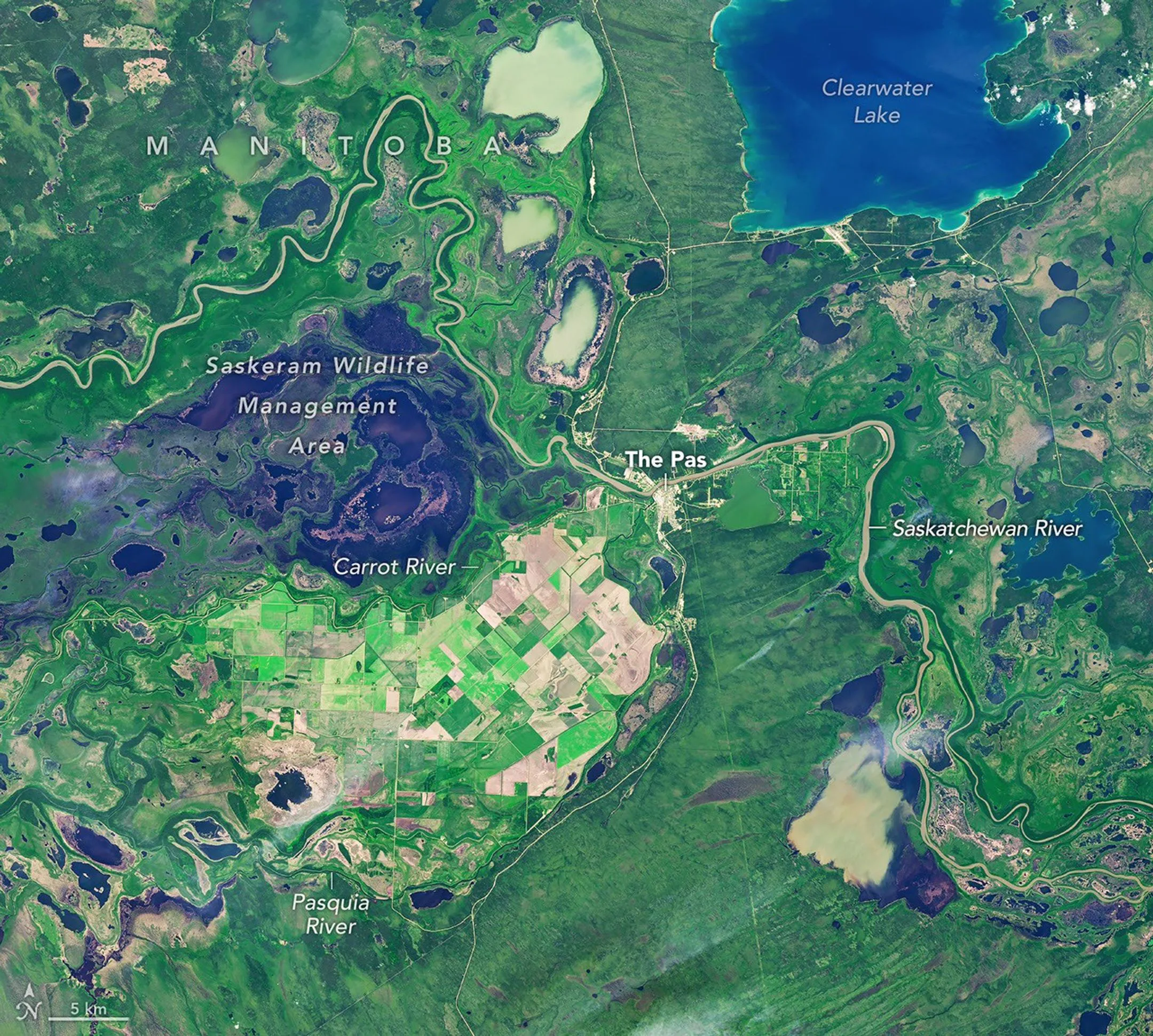 Uma imagem de satélite capturada no verão mostra campos agrícolas em um mosaico de verde e marrom, cercados por áreas úmidas verdes pontilhadas de manchas escuras de água aberta.