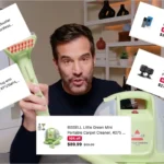 Homem apresenta limpador portátil verde em estúdio, cercado por cartões com produtos em promoção incluindo aspirador, campainha inteligente e dispositivos de monitoramento