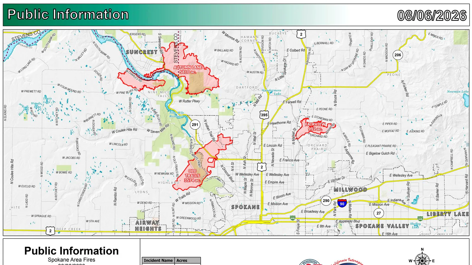Mapa do Serviço Florestal dos EUA com os perímetros dos incêndios Old Trails, Fairview e Autumn Lane, na região de Spokane, marcados em vermelho