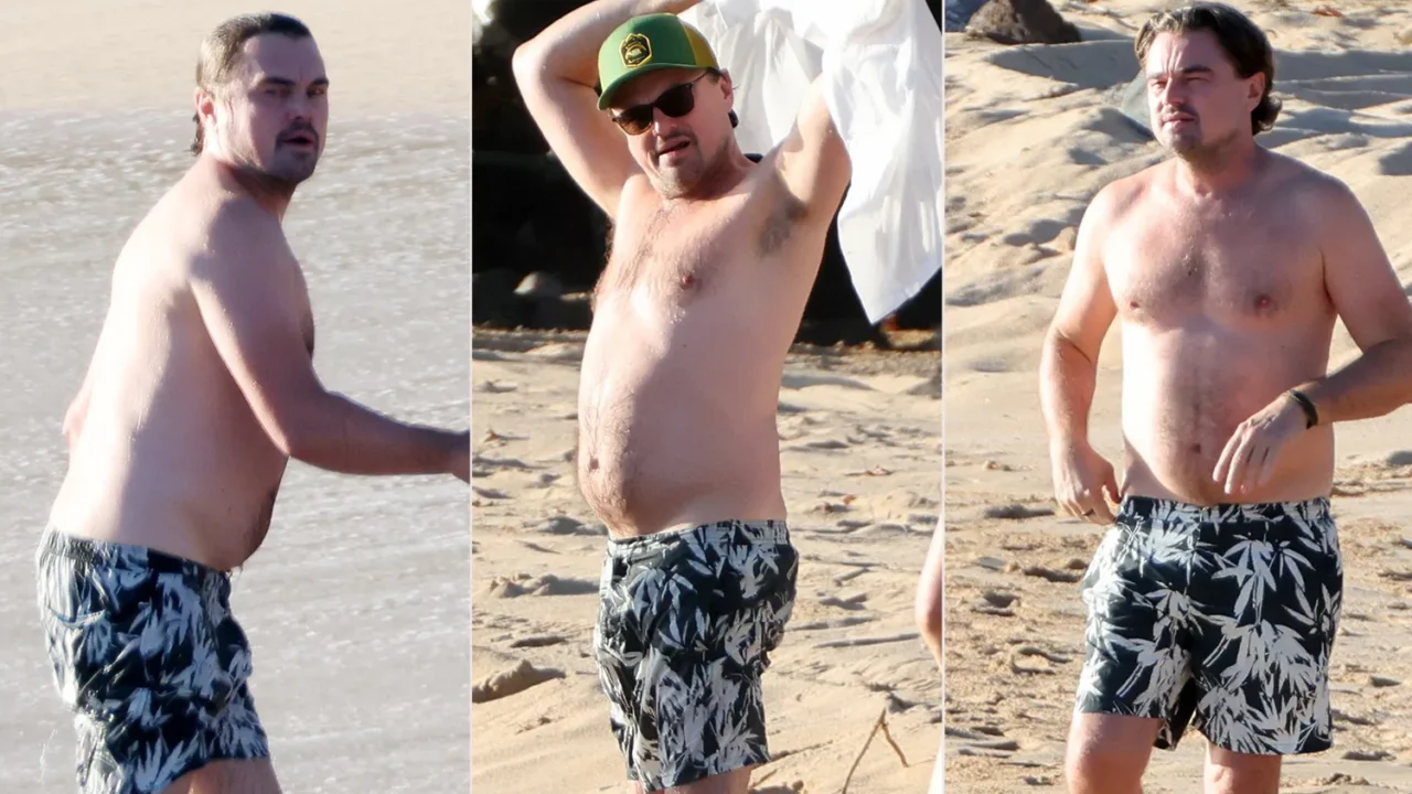 Três fotos de um homem sem camisa, de short estampado, em praia de areia clara, em duas delas com boné verde e amarelo e óculos escuros