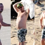 Três fotos de um homem sem camisa, de short estampado, em praia de areia clara, em duas delas com boné verde e amarelo e óculos escuros