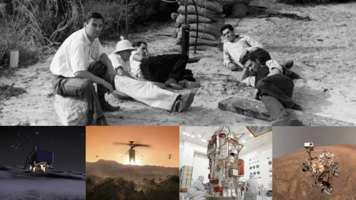 No sentido horário, a partir do alto: estudantes de pós-graduação do Caltech e amigos realizam seu primeiro disparo de foguete no Halloween de 1936, em um leito de rio seco ao longo do qual o JPL se ergueria. O trabalho deles ajudou a tornar possíveis missões como a Perseverance e a Europa Clipper,