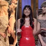 Duas mulheres conversam em estúdio de televisão: uma veste um vestido vermelho e a outra um vestido xadrez com os ombros descobertos