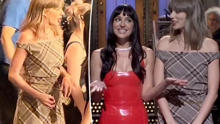 Duas mulheres conversam em estúdio de televisão: uma veste um vestido vermelho e a outra um vestido xadrez com os ombros descobertos