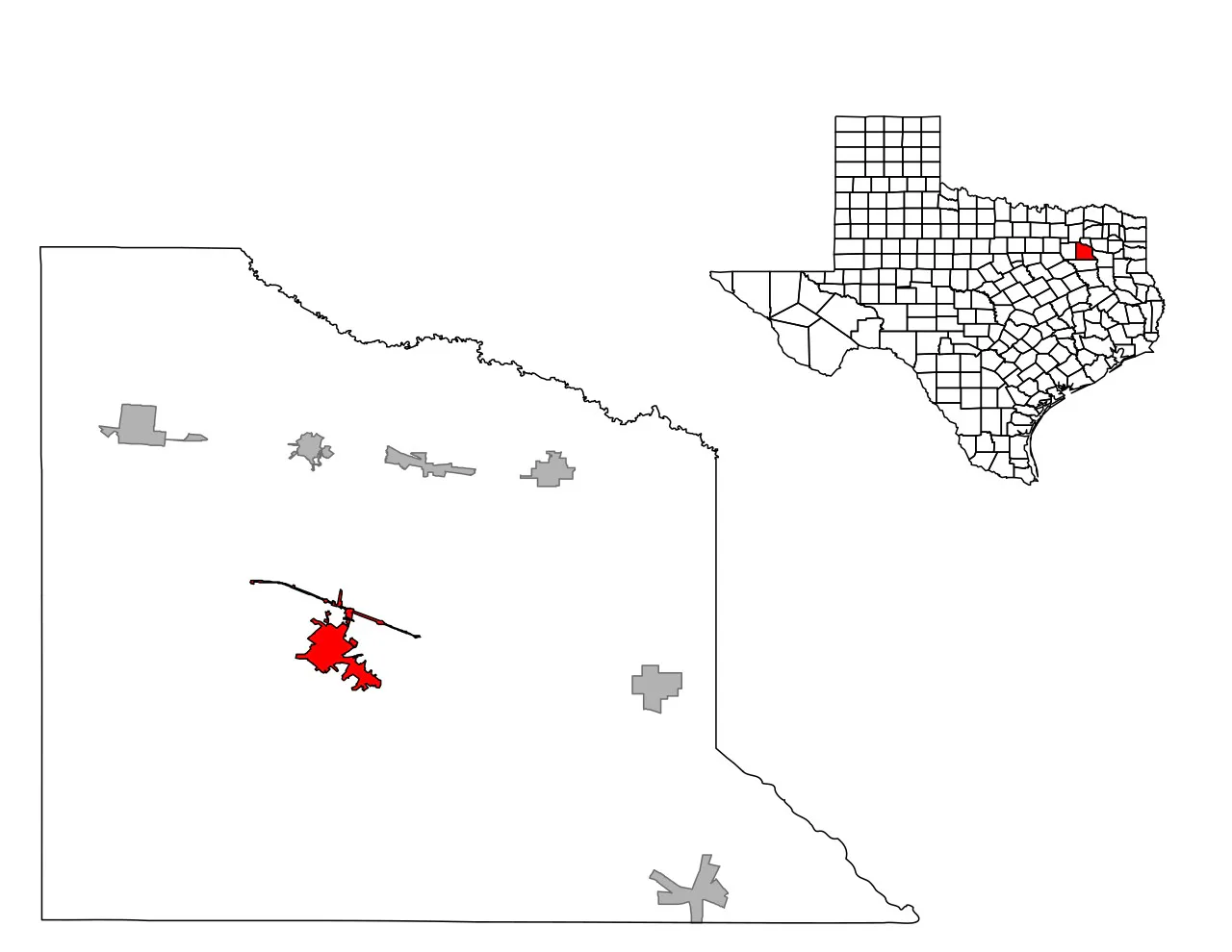 Mapa do condado de Van Zandt com a área de Canton destacada em vermelho e, ao lado, o mapa do Texas com o condado marcado no leste do estado