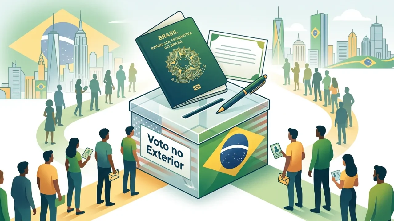 Ilustração: brasileiros se aproximam de urna de voto no exterior com passaporte e documentos, enquanto silhuetas de pessoas aguardam em filas ao fundo com skylines de cidades internacionais