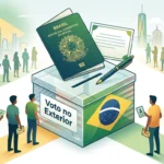 Ilustração: brasileiros se aproximam de urna de voto no exterior com passaporte e documentos, enquanto silhuetas de pessoas aguardam em filas ao fundo com skylines de cidades internacionais