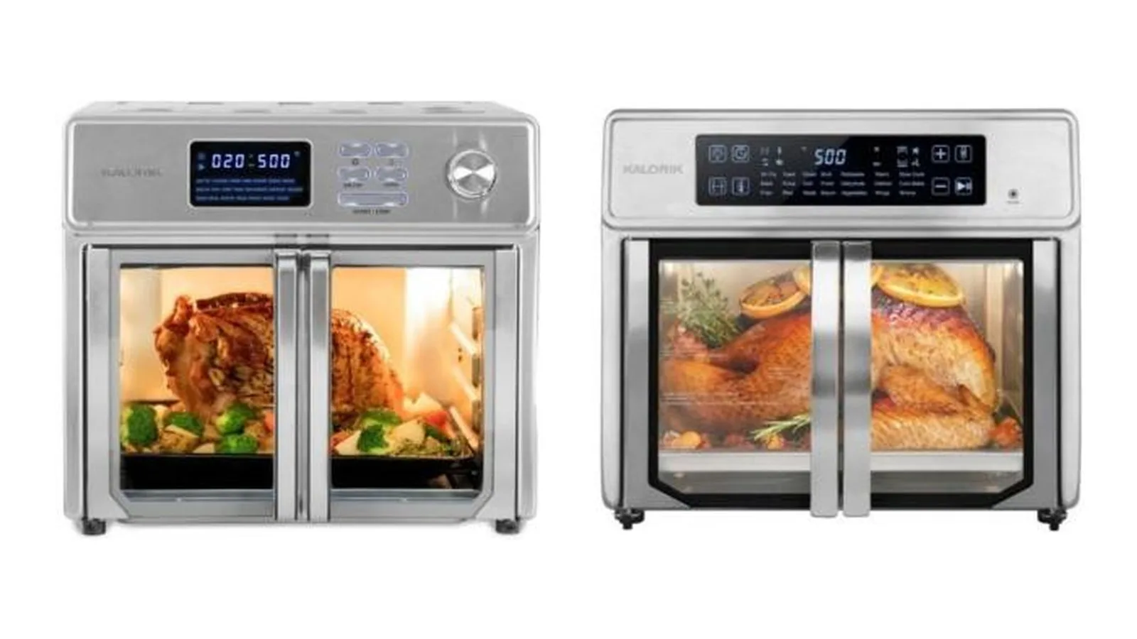 Dois fornos air fryer Kalorik, modelos MAXX e MAXX Advance, de inox, com portas duplas de vidro fechadas e comida visível dentro, lado a lado sobre fundo branco