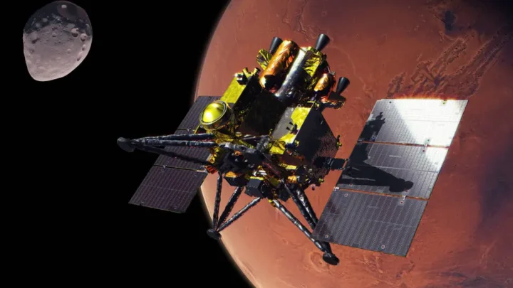 Conceito artístico da espaçonave Martian Moons eXploration (MMX) da JAXA (Agência de Exploração Aeroespacial do Japão) em Marte.