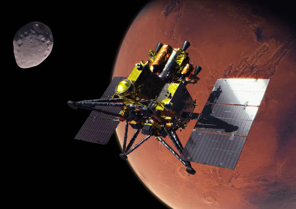 Conceito artístico da espaçonave Martian Moons eXploration (MMX) da JAXA (Agência de Exploração Aeroespacial do Japão) em Marte.