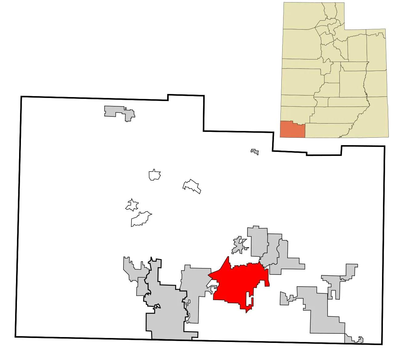 Mapa do condado de Washington, no sudoeste do Utah, com a área da cidade de Hurricane destacada em vermelho e, no detalhe, a posição do condado no estado