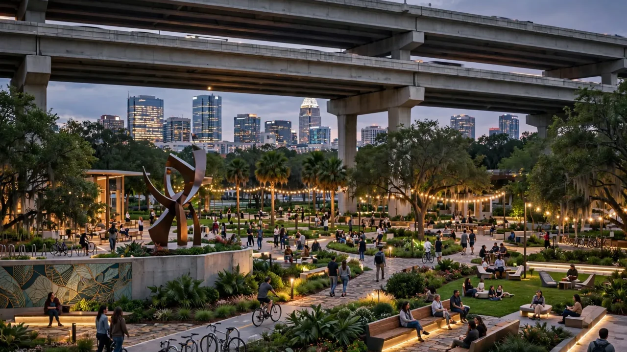Ilustração mostra como deve ficar o parque urbano do projeto The Canopy sob o viaduto da rodovia I-4, no centro de Orlando, com áreas de lazer, ciclovia e espaços de convivência.