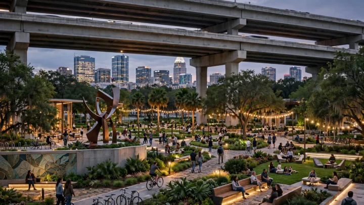 Ilustração mostra como deve ficar o parque urbano do projeto The Canopy sob o viaduto da rodovia I-4, no centro de Orlando, com áreas de lazer, ciclovia e espaços de convivência.