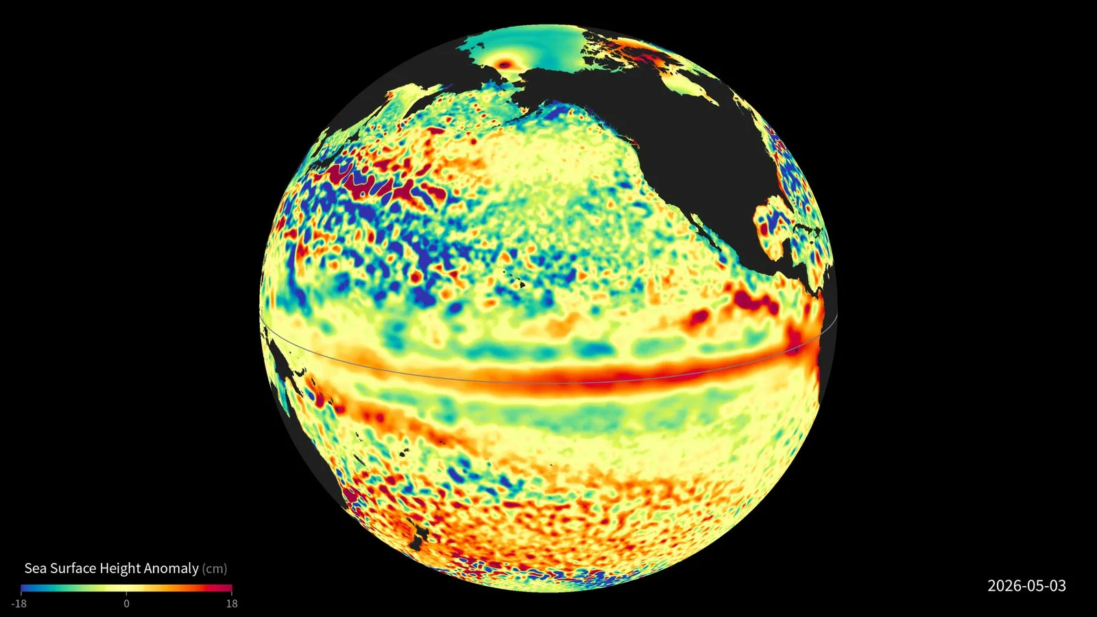 Globo com a anomalia da altura da superfície do mar em 2026: uma faixa vermelha ao longo da linha do Equador, no Pacífico, marca o El Niño