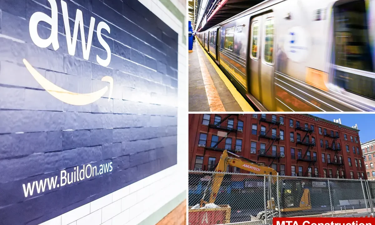 Painel da Amazon em estação do metrô de Nova York, com um trem passando pela plataforma durante as obras no Bronx. A MTA vai gastar até US$ 120 mil para garantir o acesso temporário da gigante do varejo a um centro de distribuição.