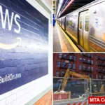 Painel da Amazon em estação do metrô de Nova York, com um trem passando pela plataforma durante as obras no Bronx. A MTA vai gastar até US$ 120 mil para garantir o acesso temporário da gigante do varejo a um centro de distribuição.