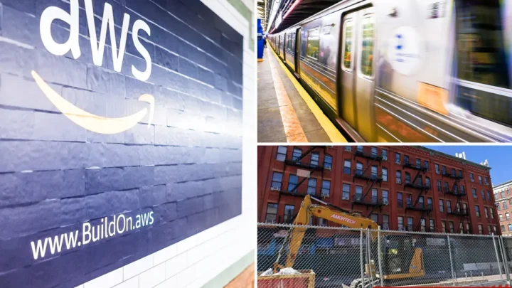 Painel da Amazon em estação do metrô de Nova York, com um trem passando pela plataforma durante as obras no Bronx. A MTA vai gastar até US$ 120 mil para garantir o acesso temporário da gigante do varejo a um centro de distribuição.