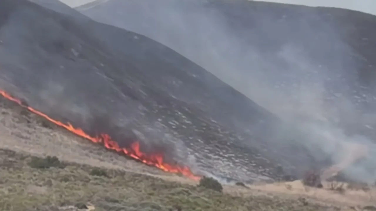 Linha de fogo avança pela encosta de um morro coberto de fumaça, na Califórnia