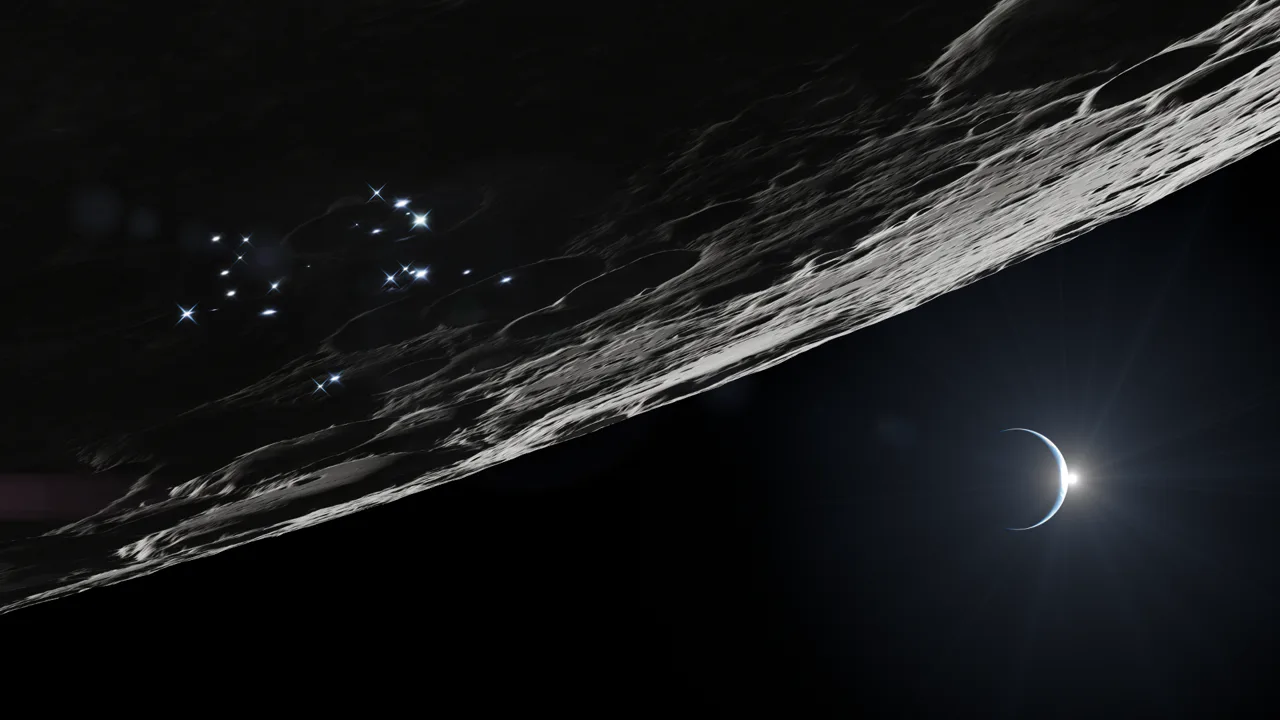 Representação artística da região do Polo Sul lunar. Pontos de luz brilhantes espalhados pela superfície lunar representam ativos de superfície que apoiam operações humanas e robóticas sustentadas próximo ao Polo Sul.