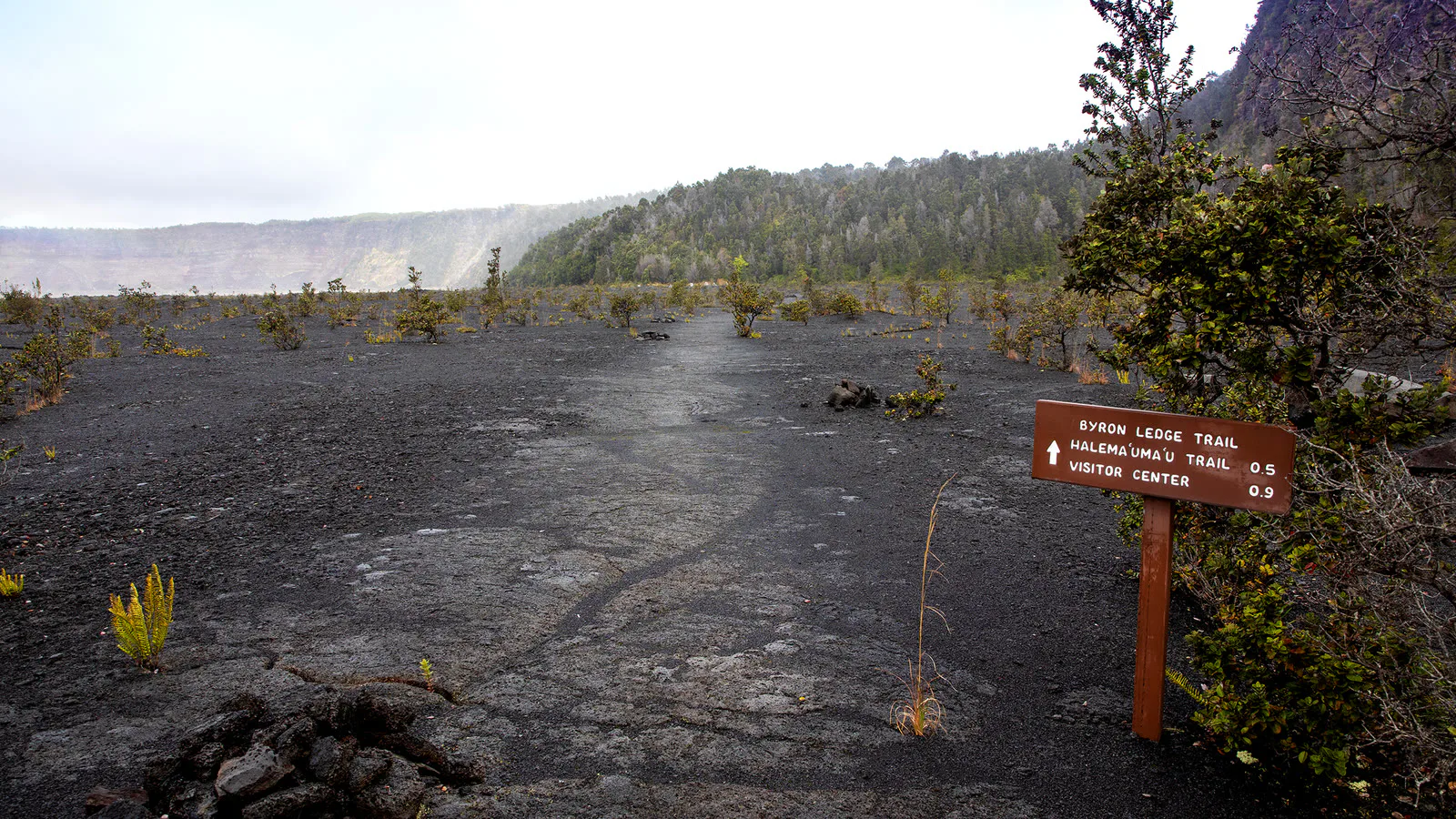 Trilha Byron Ledge, citada pela Hawaii News Now, sobre o chão de lava escura da cratera do Kīlauea, com placa de madeira indicando os caminhos, no Parque Nacional dos Vulcões do Havaí, em 2020 (imagem de arquivo)