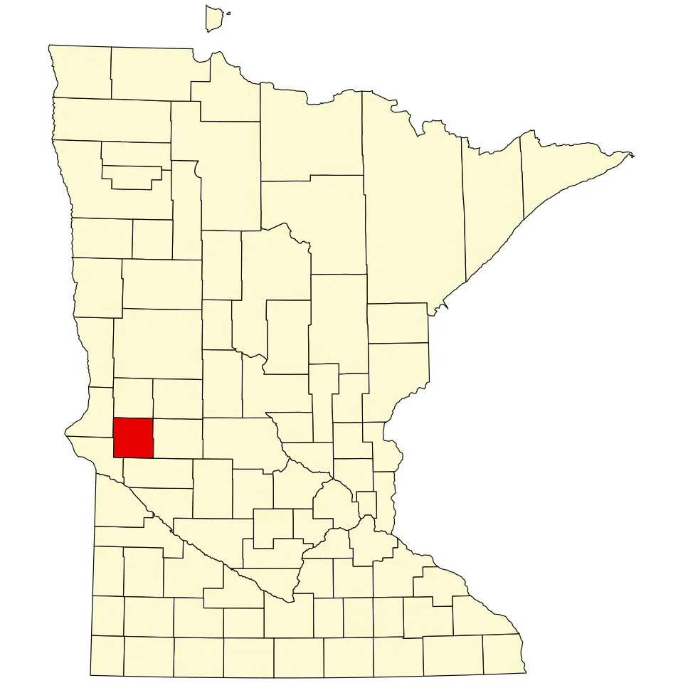 Mapa de Minnesota com os condados, com o condado de Stevens destacado em vermelho, no oeste do estado